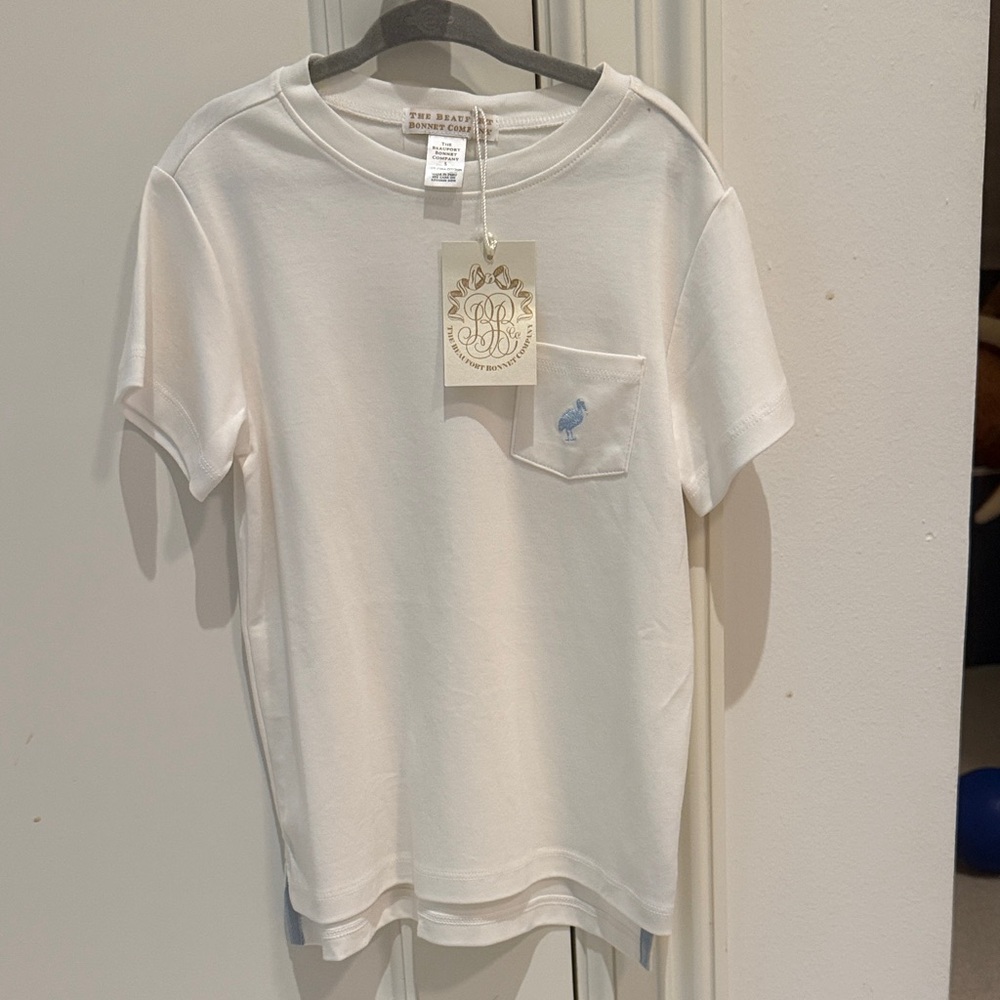 Boys White Pocket T-Shirt with Light Blue Embroidery